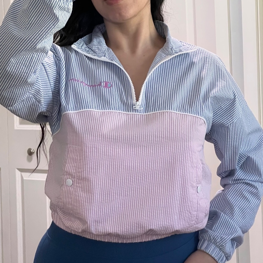 Champion Women’s Pastel Stripe 1/4 Zip Pullover Lightweight Pink Blue Size XS